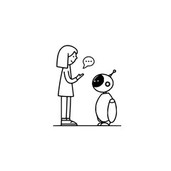 Poster - A simple line drawing of a woman talking to a small robot with a speech bubble above the robot head