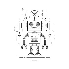 Poster - Illustration of a black and white robot with antenna and geometric shapes in a line art style design