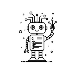 Poster - A friendly robot with a square head and a waving hand standing on a white background in line art