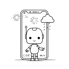 Poster - Line drawing of a robot standing in front of a phone displaying weather conditions like sun and rain with cloud