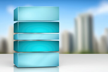 Poster - Modern stacked blocks against a blurred city skyline on a bright day