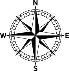 Aufkleber - Simple Black and White Compass Rose Illustration with North South East and West Labels on a White Background