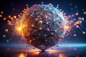 Poster - Complex interconnected network displays a futuristic technology with vibrant neon colors and a global communication concept.