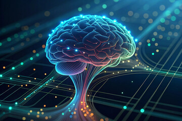 Fototapete - Glowing neural network showcases artificial intelligence with a stylized human brain and connections.