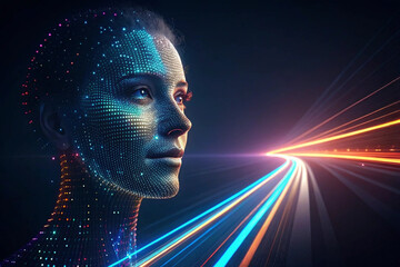 Poster - Digital human face is rendered in a futuristic style alongside colorful speed lines on dark backdrop