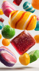 Wall Mural - A playful candy background composition featuring twisted lollipops and pastel-colored sweets that appear to float in the center of the frame. Designed for product designers, packaging designers and ad
