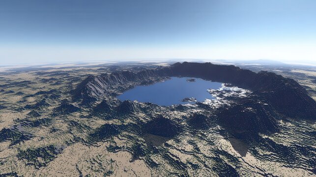 A vast landscape with a crater lake and surrounding mountains.