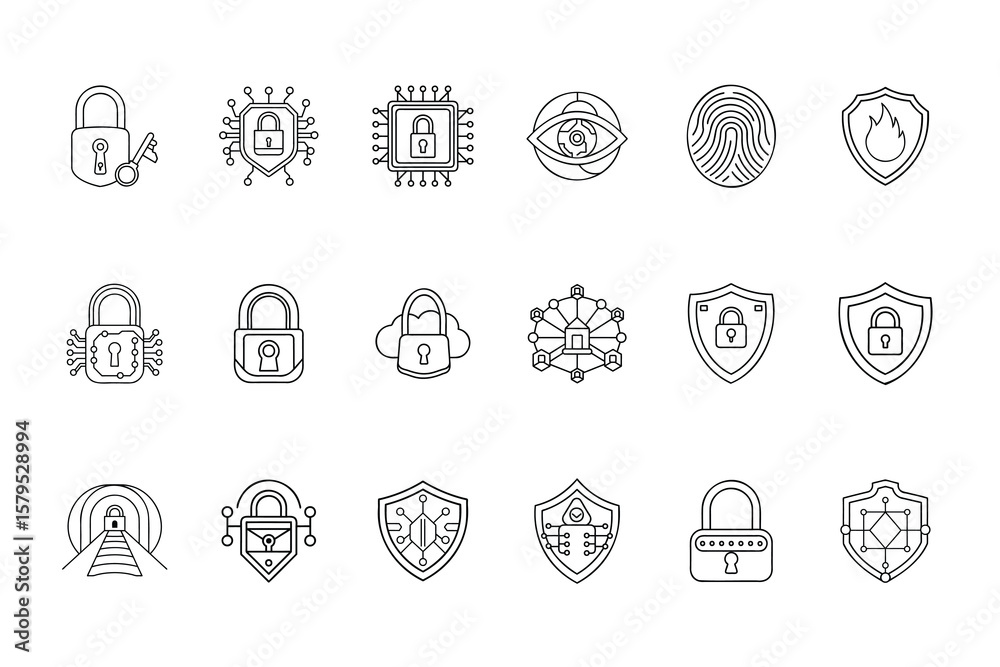 Cybersecurity and Data Protection Line Icons for Digital Security Stock ...