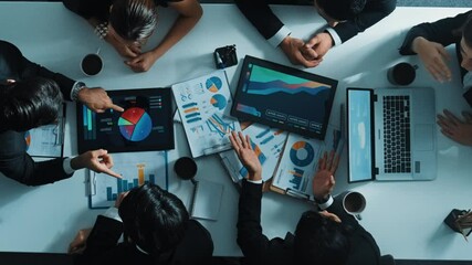 Poster - Top down aerial view of professional businessman handed out financial statistic to analyst data investment graph. Group of diverse investors brainstorming and planning marketing strategy. Directorate.