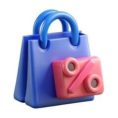 Fototapete - Blue shopping bag with pink percentage sign isolated on white background