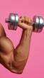 © OleksandrZastrozhnov - Male bodybuilding arm workout with dumbbell on pink background