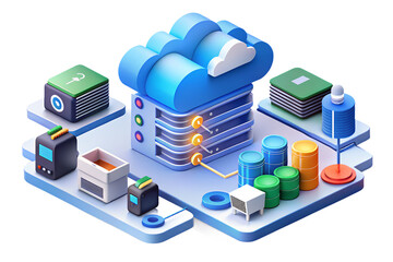 Fototapete - Isometric cloud computing setup with server stack data storage and peripheral devices on platform on transparent background