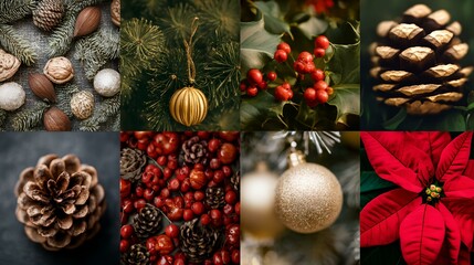 Poster - Collage of Christmas decorations including a gold ornament, red berries