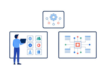 Fototapete - Illustration of a man with laptop and three screens showing network and data connections on black background on transparent background