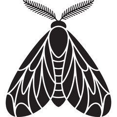 Poster - A black and white graphic illustration of a moth with detailed wings and feathery antennae design on transparent background