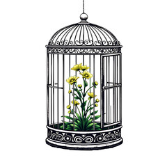 Poster - a black birdcage containing yellow flowers with green leaves view art on transparent background