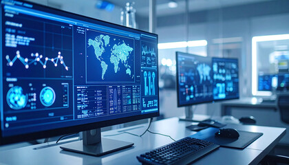 Fototapete - Cyber Intelligence Hub: A modern command center pulses with data streams displayed across multiple monitors, showcasing the dynamism of digital world and technological interface.