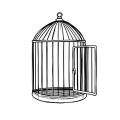 Poster - a dimly lit birdcage with a rounded top and horizontal bars in a dark and shadowy setting on transparent background
