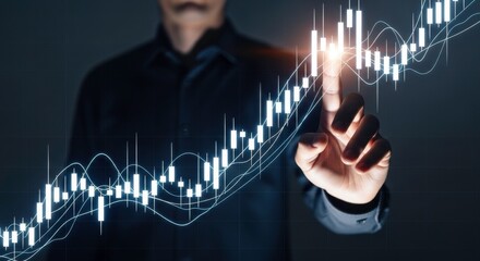 Aufkleber - A man in a black shirt pointing at a rising stock market chart on a dark background with bright light
