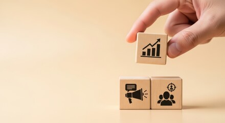 Poster - Hand placing wooden block with graph icon on top of blocks with marketing and target icons