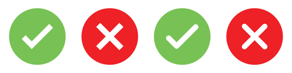 Poster - Set green approval check mark and red cross icons in circle and square, checklist signs, flat checkmark approval badge, isolated tick symbols