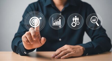 Poster - Man in dark shirt touching target icon with growth chart team and magnifying glass icons overlayed