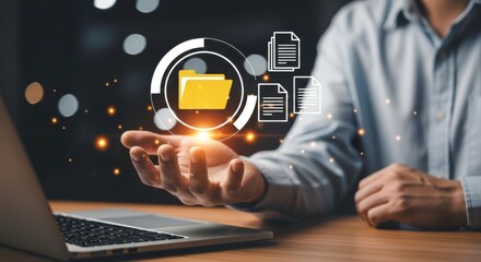 Poster - Man presenting digital folder and document icons above his hand near a laptop on a wooden table