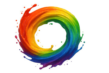 Poster - Colorful paint forming a vibrant, swirling circle, with droplets splashing outwards, against a transparent background