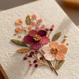 Wyhaftowany bukiet kwiatów w odcieniach różu, bordo i brzoskwini, z delikatnymi złotymi akcentami, na teksturowanym tle. Artystyczna i elegancka.