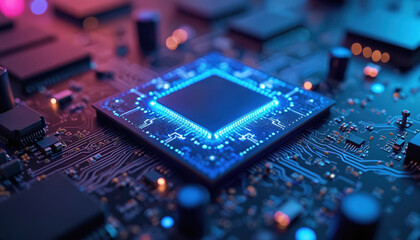 Poster - Futuristic microchip with glowing blue lights. Advanced technology concept featuring semiconductor processor on circuit board. Digital information processing with intricate pathways, complex network