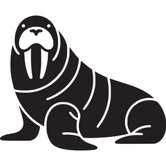 Poster - A solid black silhouette of a walrus with visible tusks and white lines on its body on white background on transparent background