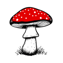 Poster - A drawing of a red mushroom with white spots in a simple style art on transparent background