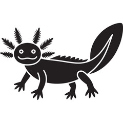 Poster - A black silhouette of an axolotl with a smiling face and feathery gills against a white background on transparent background