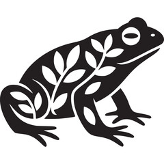 Poster - A black and white illustration of a frog decorated with leaves on a white background in a vector style on transparent background