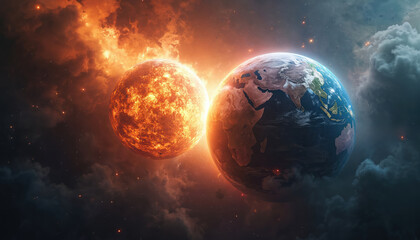 Wall Mural - Two planets, Earth and a fiery celestial body, in dramatic cosmic collision. Vibrant nebula and galaxies surround the intense explosion. Shows immense energy and power.