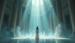 © Vadym - Lone woman in white dress stands in grand hall surrounded by ethereal figures. Beams of light shine through high windows illuminating mist and columns in this mystical, spiritual architectural space.