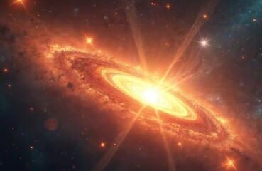Wall Mural - Vibrant galaxy with bright, swirling core of orange, yellow light, surrounded by cosmic dust, distant stars. Explores deep space, featuring nebulae, stellar formations in breathtaking astronomical