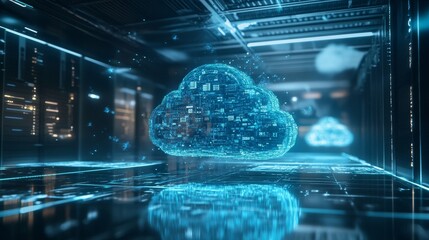 Fototapete - A stock photo features a futuristic web hologram with a cloud icon, displaying digits and codes amidst an abstract digital data flow