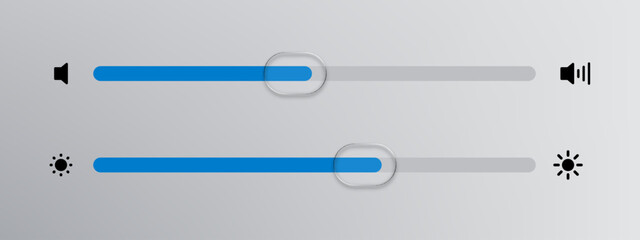 Aufkleber - Volume and brightness slider with liquid glass vector UI elements. Control panel interface for technology application.