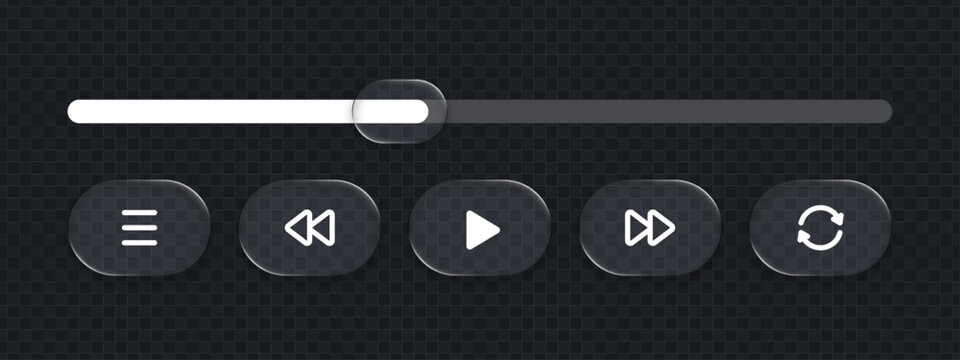 Liquid glass style media player interface set with play, fast forward, rewind, menu, and repeat buttons and a slider for UI design.