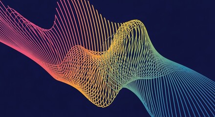 Fototapete - Vibrant gradient wave of thin lines creating a dynamic abstract pattern against a dark blue background