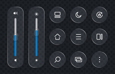 Aufkleber - Volume and brightness controls sliders with various rounded square and circular UI icons set on a dark transparent background. Liquid glass vector.