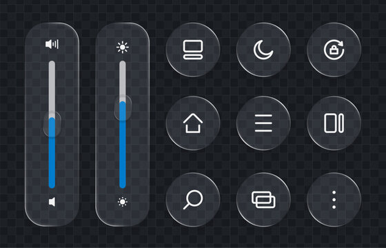 Volume and brightness controls sliders with various rounded square and circular UI icons set on a dark transparent background. Liquid glass vector.