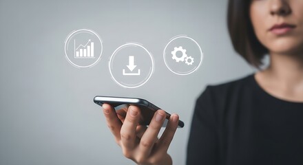 Poster - Woman holding smartphone with digital icons floating above it showing growth and settings app data