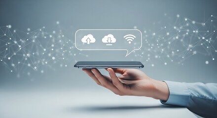 Poster - Hand holding phone with cloud upload download and wifi icons floating above it in a speech bubble