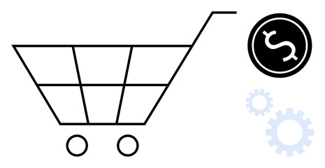 Poster - Shopping cart outline paired with dollar coin and gear icons representing e-commerce, financial growth, automation, digital marketing, retail management, purchasing, and innovation in trade. Simple