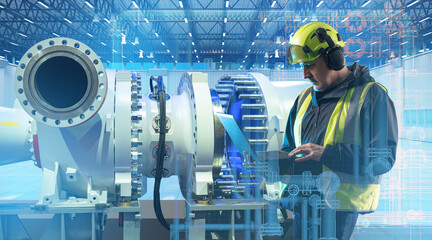 Poster - Engineer with laptop inspects large industrial turbine in high-tech facility with digital overlay. Engineering, Manufacturing, Industrial Technology, Maintenance.
