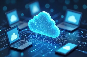 Poster - Digital illustration of cloud computing concept. Laptops, tablets connect to central glowing blue cloud icon on circuit board background. Technology, data network infrastructure for digital