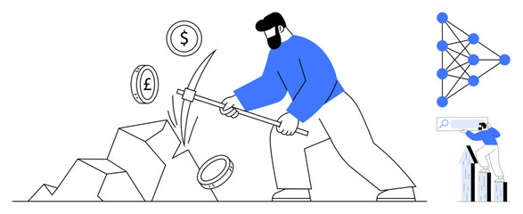 Poster - Man mining currency with pickaxe, coins flying, network diagram, and graph analysis. Ideal for finance, cryptocurrency, data mining, technology global economy blockchain investment themes. Simple