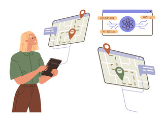 Poster - Woman holding tablet examines interactive route maps featuring location pins, data input, and atomic symbol. Ideal for technology, navigation, travel planning, UI design, data science, education